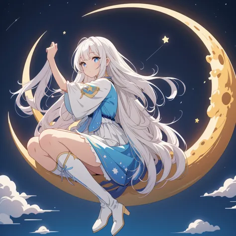 sitting on the crescent moon、Star Fairy、(masterpiece, best quality), 1girl, sitting on the crescent moon、「美しくプリントされたMilky Wayのよう...