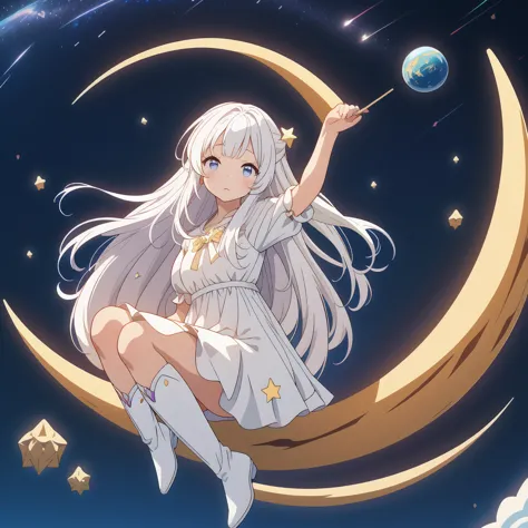 sitting on the crescent moon、star fairy、(masterpiece, best quality), 1girl, sitting on the crescent moon、「美しくプリントされたmilky wayのよう...