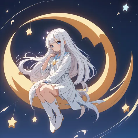 sitting on the crescent moon、star fairy、(masterpiece, best quality), 1girl, sitting on the crescent moon、「美しくプリントされたmilky wayのよう...