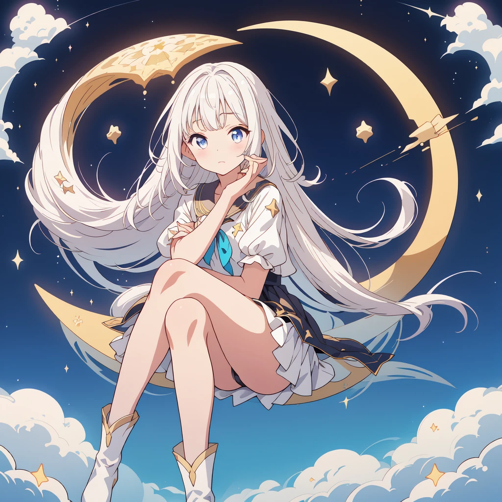 sitting on the crescent moon、Star Fairy、(masterpiece, best quality), 1girl, sitting on the crescent moon、「美しくプリントされたMilky Wayのような柄の着物とゴシックロリータの洋服を合わせもった衣類、universe柄のボックスプリーツミニスカートにフリル、Front view portrait、Knee-high boots、enchanting eyes、Perfect and stunning face、exquisite details、clear image、highest quality。」Milky white long straight hair、universe、Milky Way、Meteors、