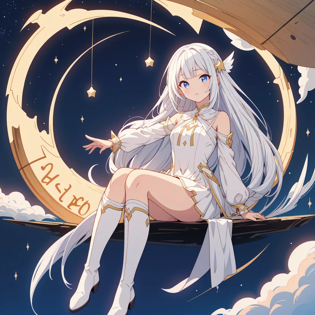 sitting on the crescent moon、Star Fairy、(masterpiece, best quality), 1girl, sitting on the crescent moon、「美しくプリントされたMilky Wayのような柄の着物とゴシックロリータの洋服を合わせもった衣類、universe柄のボックスプリーツミニスカートにフリル、Front view portrait、Knee-high boots、enchanting eyes、Perfect and stunning face、exquisite details、clear image、highest quality。」Milky white long straight hair、universe、Milky Way、Meteors、