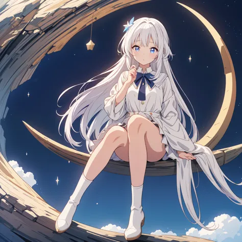 sitting on the crescent moon、Star Fairy、(masterpiece, best quality), 1girl, sitting on the crescent moon、「美しくプリントされたMilky Wayのよう...