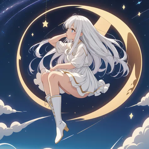 sitting on the crescent moon、star fairy、(masterpiece, best quality), 1girl, sitting on the crescent moon、「美しくプリントされたmilky wayのよう...