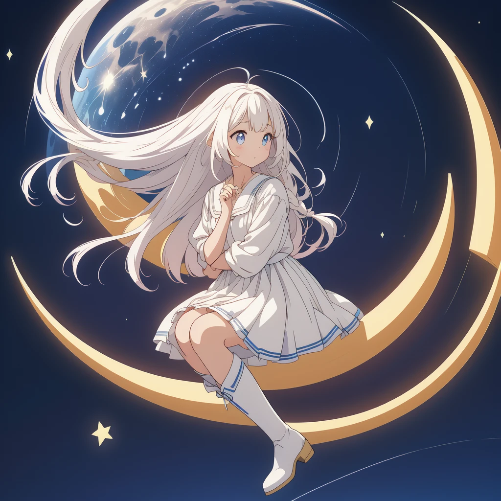 sitting on the crescent moon、Star Fairy、(masterpiece, best quality), 1girl, sitting on the crescent moon、「美しくプリントされたMilky Wayのような柄の着物とゴシックロリータの洋服を合わせもった衣類、universe柄のボックスプリーツミニスカートにフリル、Front view portrait、Knee-high boots、enchanting eyes、Perfect and stunning face、exquisite details、clear image、highest quality。」Milky white long straight hair、universe、Milky Way、Meteors、