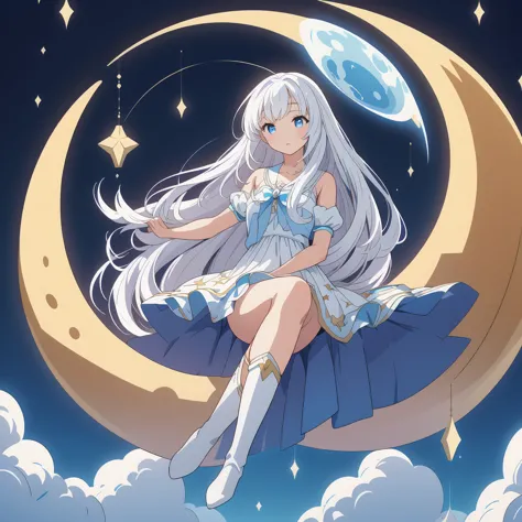 sitting on the crescent moon、star fairy、(masterpiece, best quality), 1girl, sitting on the crescent moon、「美しくプリントされたmilky wayのよう...