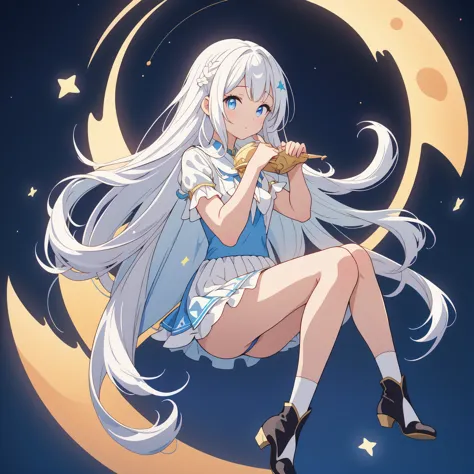 sitting on the crescent moon、Star Fairy、(masterpiece, best quality), 1girl, sitting on the crescent moon、「美しくプリントされたMilky Wayのよう...