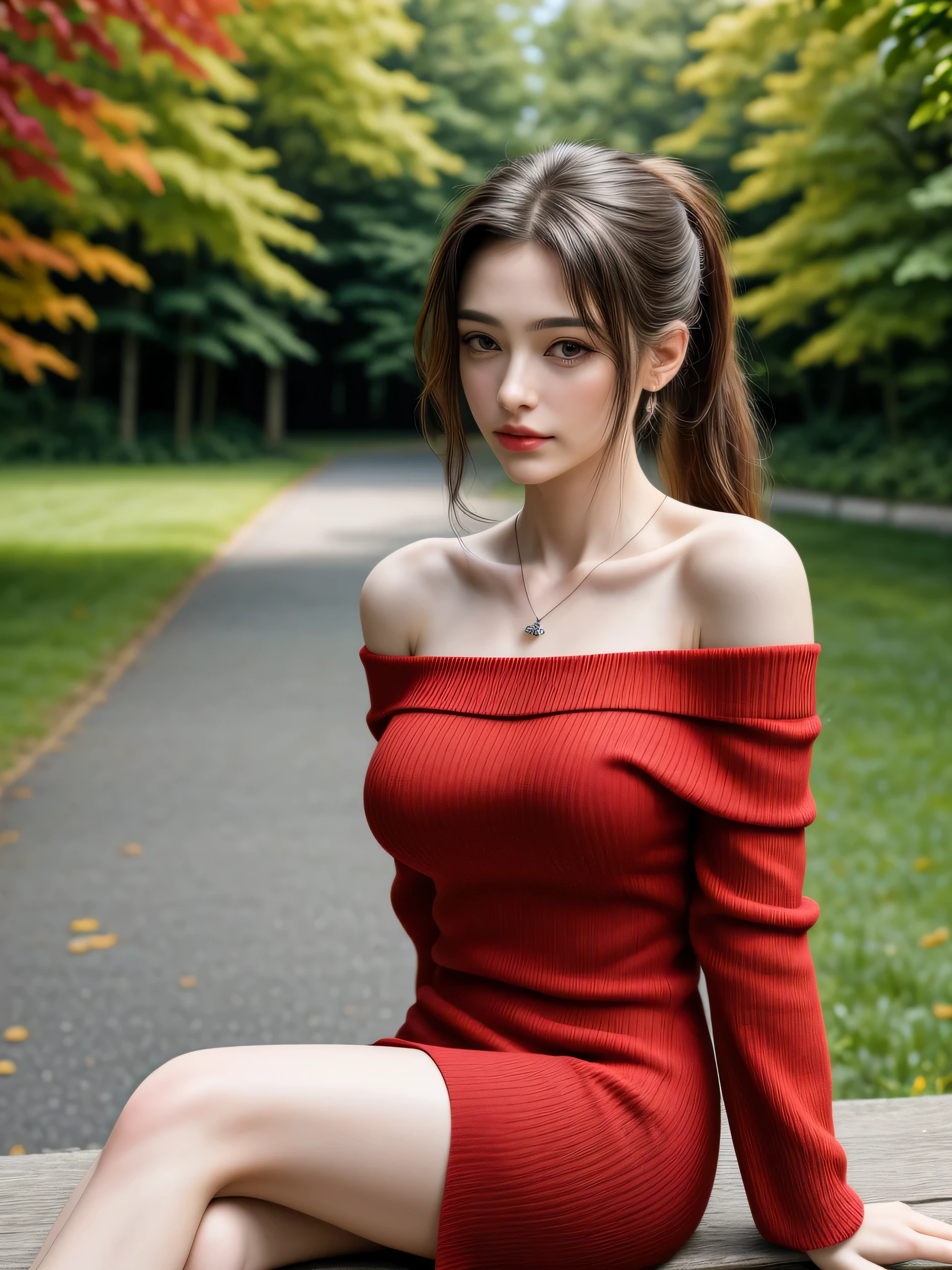 (Masterpiece, best quality, highres:1.3), from side, close-up portrait, solo, beautiful girl, slender feminine appearance, flat abdomen, flawless skin, cleavages, ponytail hair, detailed hair strands, delicate stunning face, attractive look, ((wearing red off-shoulder sweater dress, pendant)), outdoor, orange maple tree tunnel, crossed legs sitting on bench, turn face upward, smirking, ((realism, super realistic, realistic detail))