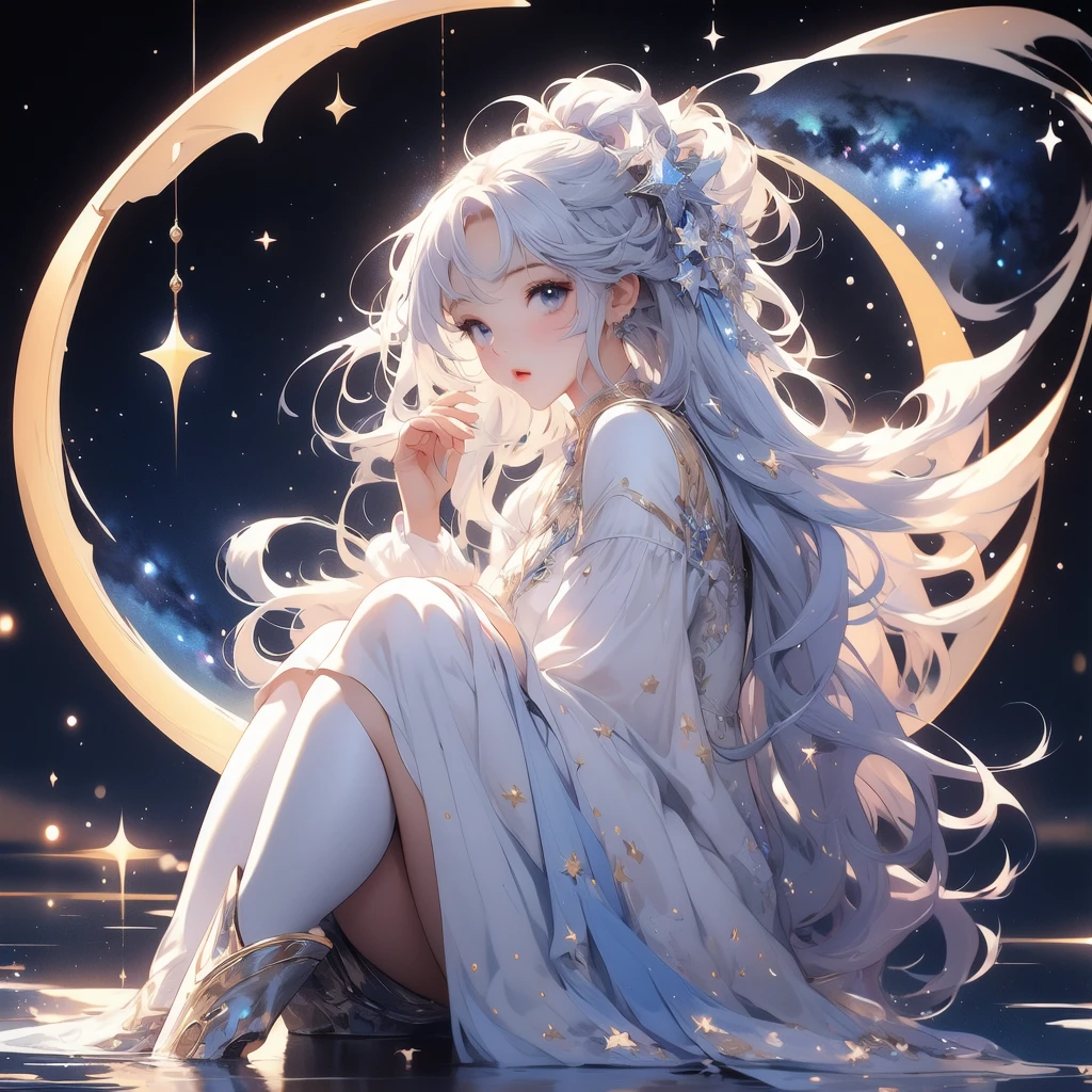 sitting on the crescent moon、Star Fairy、(masterpiece, best quality), 1girl, sitting on the crescent moon、「美しくプリントされたMilky Wayのような柄の着物とゴシックロリータの洋服を合わせもった衣類、universe柄のボックスプリーツミニスカートにフリル、Front view portrait、Knee-high boots、enchanting eyes、Perfect and stunning face、exquisite details、clear image、highest quality。」Milky white and light blue long straight hair、universe、Milky Way、Meteors、