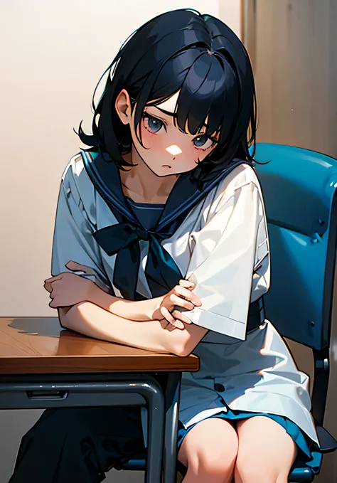 black hair short、Female college student、Neat and clean fashion、sit in a chair、Leaning your elbows on the desk、Pensive