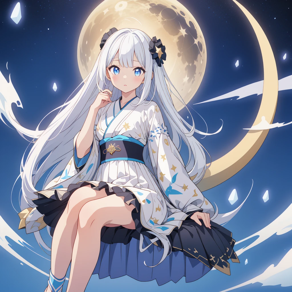 sitting on the crescent moon、(masterpiece, best quality), 1girl,  1girl、vtuber-fullbody、Star Fairy、「A beautifully printed galaxy patterned kimono and gothic lolita outfit.、Space pattern box pleated mini skirt with ruffles、Front full body portrait、enchanting eyes、Perfect and stunning face、exquisite details、clear image、highest quality。」Milky white and light blue gradient straight long hair、