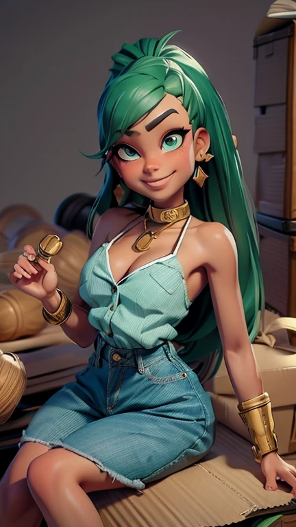 trabalhos de arte, melhor qualidade, rosto detalhado, Belos olhos, foco nitído, Renderização 3D. todo o corpo, linda garota chibi, sorriso fofo, ((Tom de pele bronzeado)), cabelo verde curto, ondulado , moleca, forma corporal esbelta, Roupas pretas, que&#39;é por isso, camisa de manga longa, (((Jeans com fundo largo))), Tênis grandes, (((Pose formal com caixa de papelão))), (foco facial:1.3).