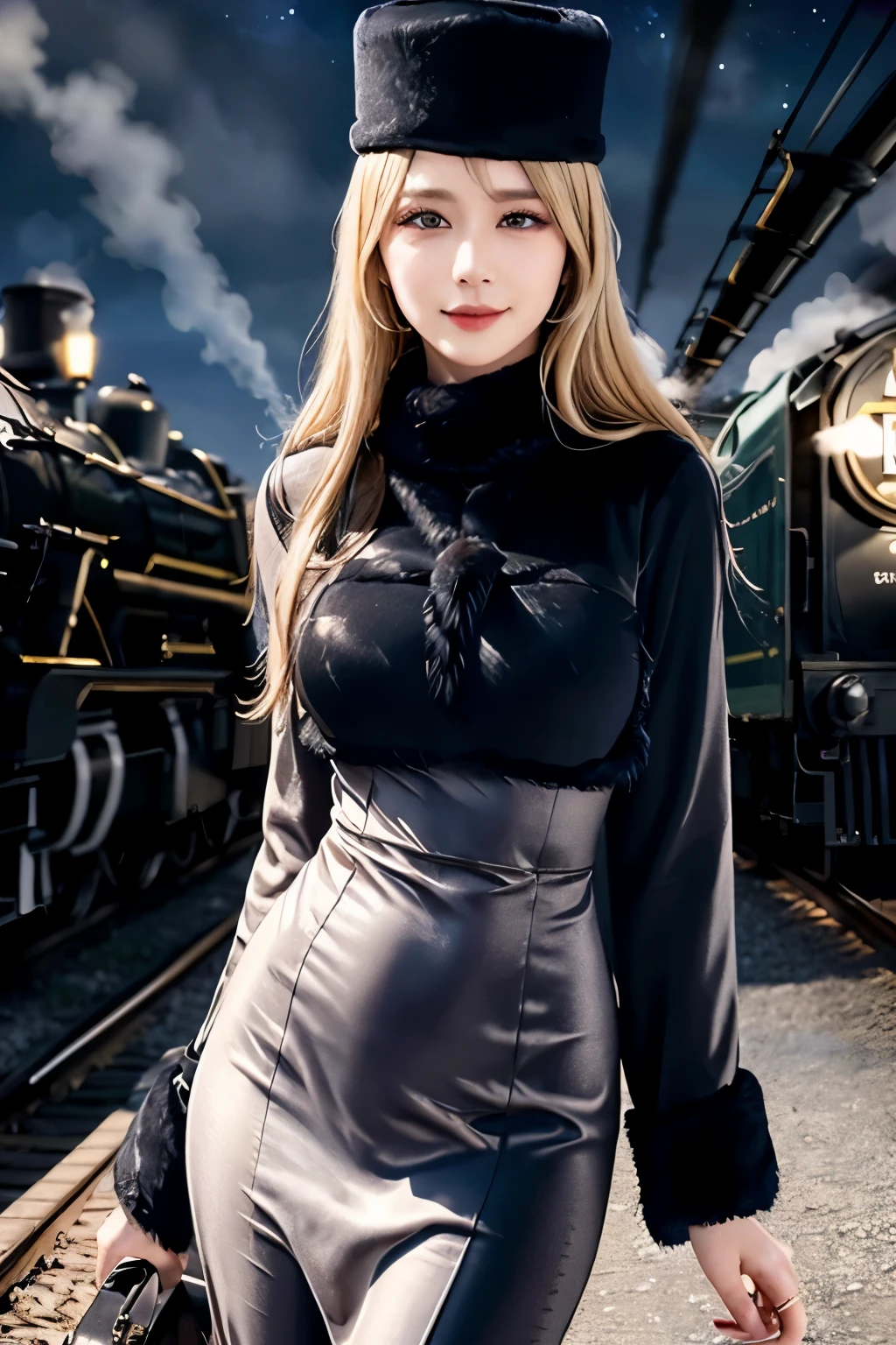 maetel, long hair, blonde hair,fur trim, black headwear, fur hat, dress,(cowboy shot:1.1), yellow eyes, (luggage:1.1), steam (train station:1.1),station platform,  night, galaxy,999
best quality, highly detailed, masterpiece, absurdres,8k,   (detailed eyes, deep eyes),photorealistic, realistic,detailed skin texture, detailed pupils,HDR,
1woman,(happy:1.1),smile, (angular face:1.2),shiny face,large breasts, (narrow waist:1.1), lip makeup,long eyelashes