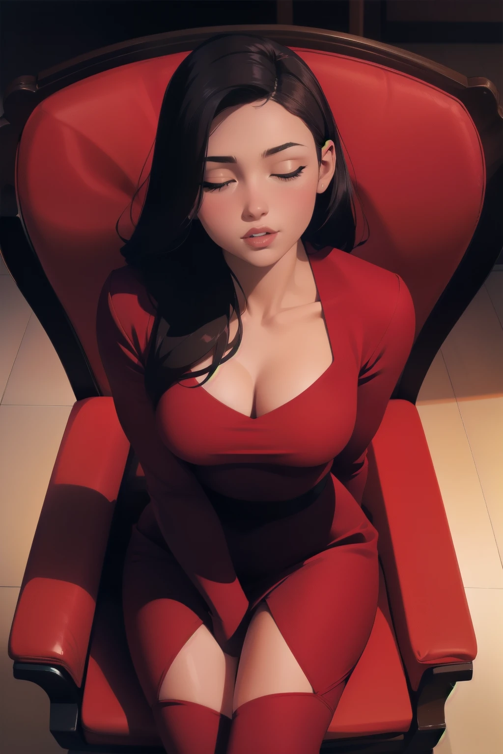 Junge sexy Frau trägt ein rotes Kleid auf einem Stuhl sitzend, Licht dimmen, sexy, heiß, lüstern