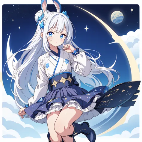 sitting on the crescent moon、a spaceship with a cute rabbit face、star fairy、(((1girl)))、lower body shot、focus on boots、vtuber-ha...