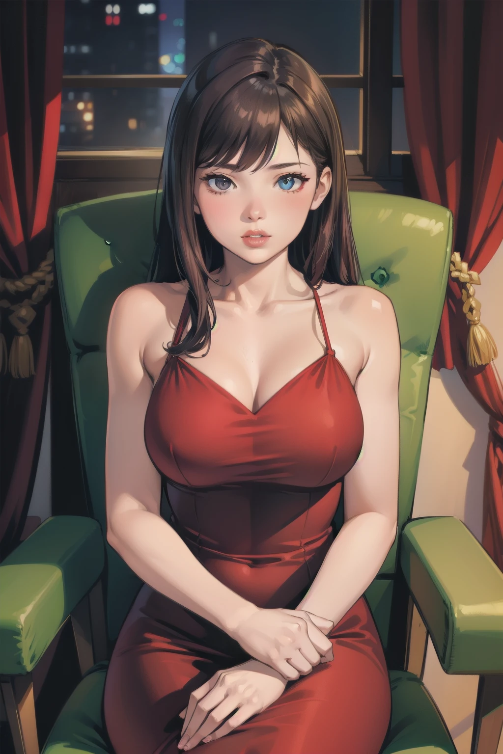 Young セクシー woman wearing a red dress sitting on a chair, 薄暗い照明, セクシー, 熱い, 好色な