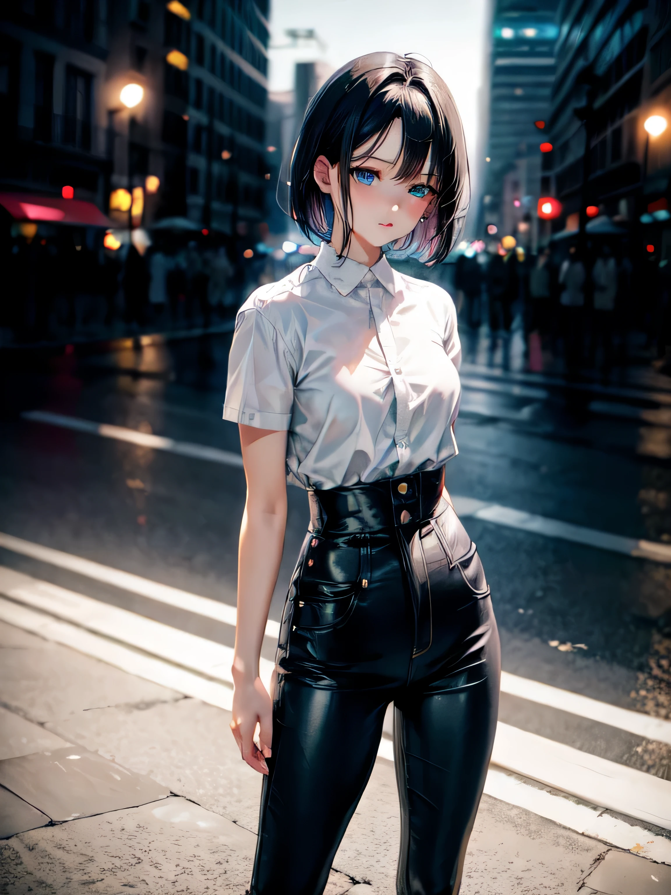 anime girl, blue eyes, short hair, Real Madrid white shirt, short jeans, black hair, 2d, anime art, standing, facing the viewer, city lights, night time, neon background, 