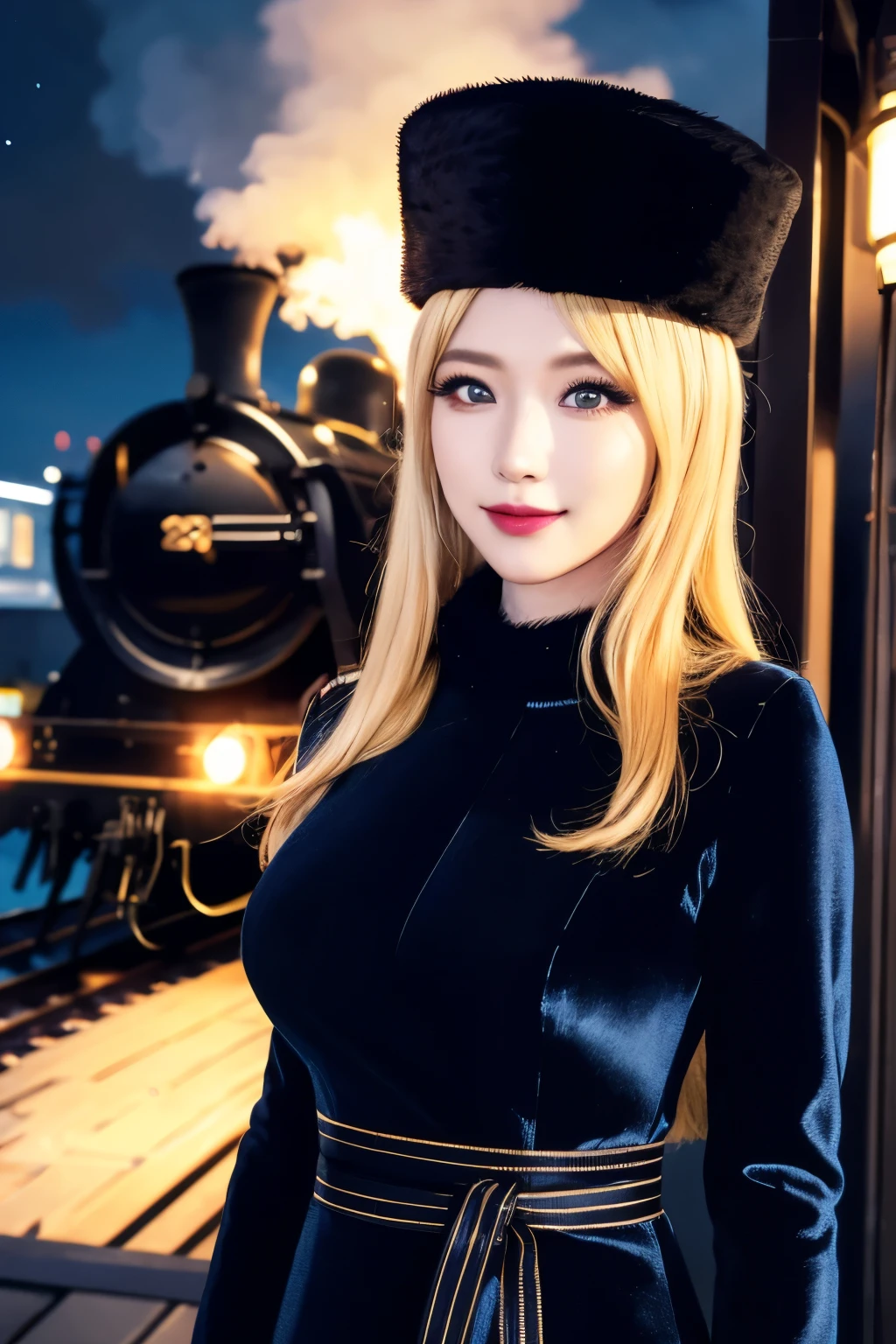 maetel, long hair, blonde hair,fur trim, black headwear, fur hat, dress,(cowboy shot:1.1), yellow eyes, (luggage:1.1), steam (train station:1.1),station platform,  night, galaxy,999
best quality, highly detailed, masterpiece, absurdres,8k,   (detailed eyes, deep eyes),photorealistic, realistic,detailed skin texture, detailed pupils,HDR,
1woman,(happy:1.1),smile, (angular face:1.2),shiny face,large breasts, (narrow waist:1.1), lip makeup,long eyelashes