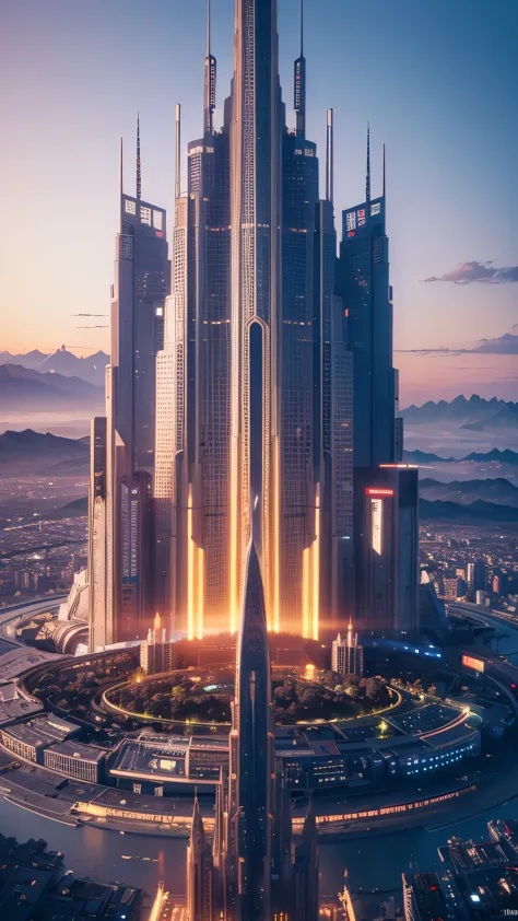摩天大楼和夜晚灯光的未来城市- SeaArt AI