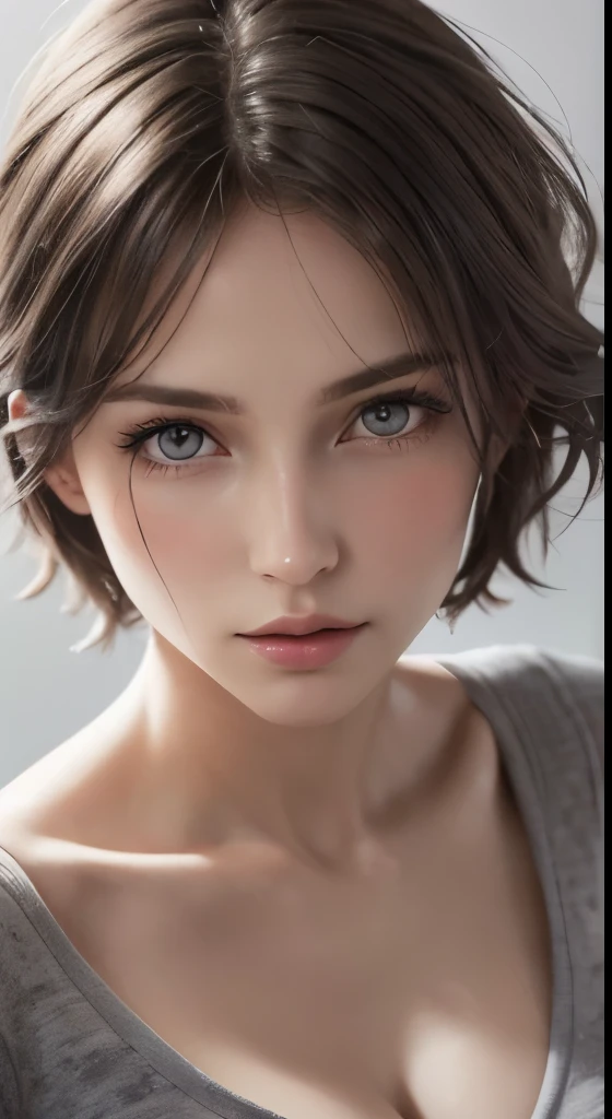 8k uhd、RAWphotograph、モデルphotograph撮影、Russian Race, European race, (masterpiece, highest quality, photorealistic, High resolution, photograph: 1.3), Close-up, Focusing, hot models, slim, 30 year old mature woman、small face、short cut hair、dark brown hair、Detailed beautiful eyes、realな肌, (perfect body), Sexy hot face, erotic, sexual gaze, slim, Sweat top, Detailed beautiful eyes、glossy lips、small breasts、、bust B cup、((bright light、dynamic lighting、real、超real、 realism、realistic details、Cool Beauty、cool pose、background gray、Plain gray background