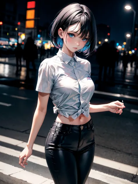 anime girl, blue eyes, short hair, Real Madrid white shirt, short jeans, black hair, 2d, anime art, standing, facing the viewer,...