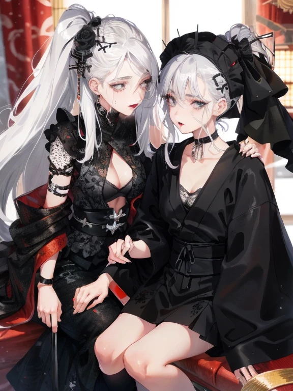 Two women kisasterpiece, best quality, high quality, ultra detailed, 1girl, looking at viewer, white hair, gray eyes, black lipstick, black shirt, sitting on a white floor, demon girl, gothcore, 1 7 - year - old, goth girl, japanese gothic, gothic punk style, black metal style, hands on head,.yurikiss、Girl kissing girl、