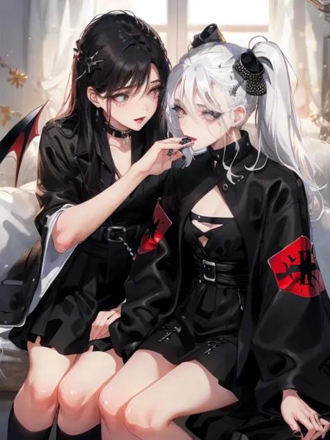 two women kisasterpiece, best quality, high quality, ultra detailed, 1girl, looking at viewer, white hair, gray eyes, black lips...