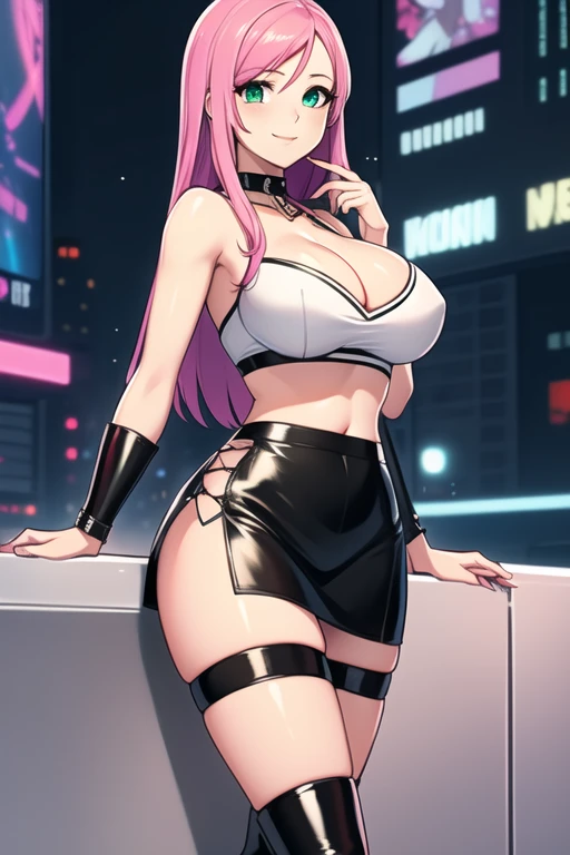 1 girl, 19 years old, Long pink hair, green eyes with slit pupils, master-piece, best quality, (standing up), (white tube top), (tight white tube top, black leather pencil mini skirt, patent leather high heel boots, cleavage),  (Big , ultra gigantic , Super super big, Glamorous body), Make eye contact with the camera, front figure, looking forward, (light_Smile:1.5), (Detailed hands and fingers:1.2) (Cyberpunk City), (FULL BODYSHOT), thighs thighs thighs thighs、beauty legs、