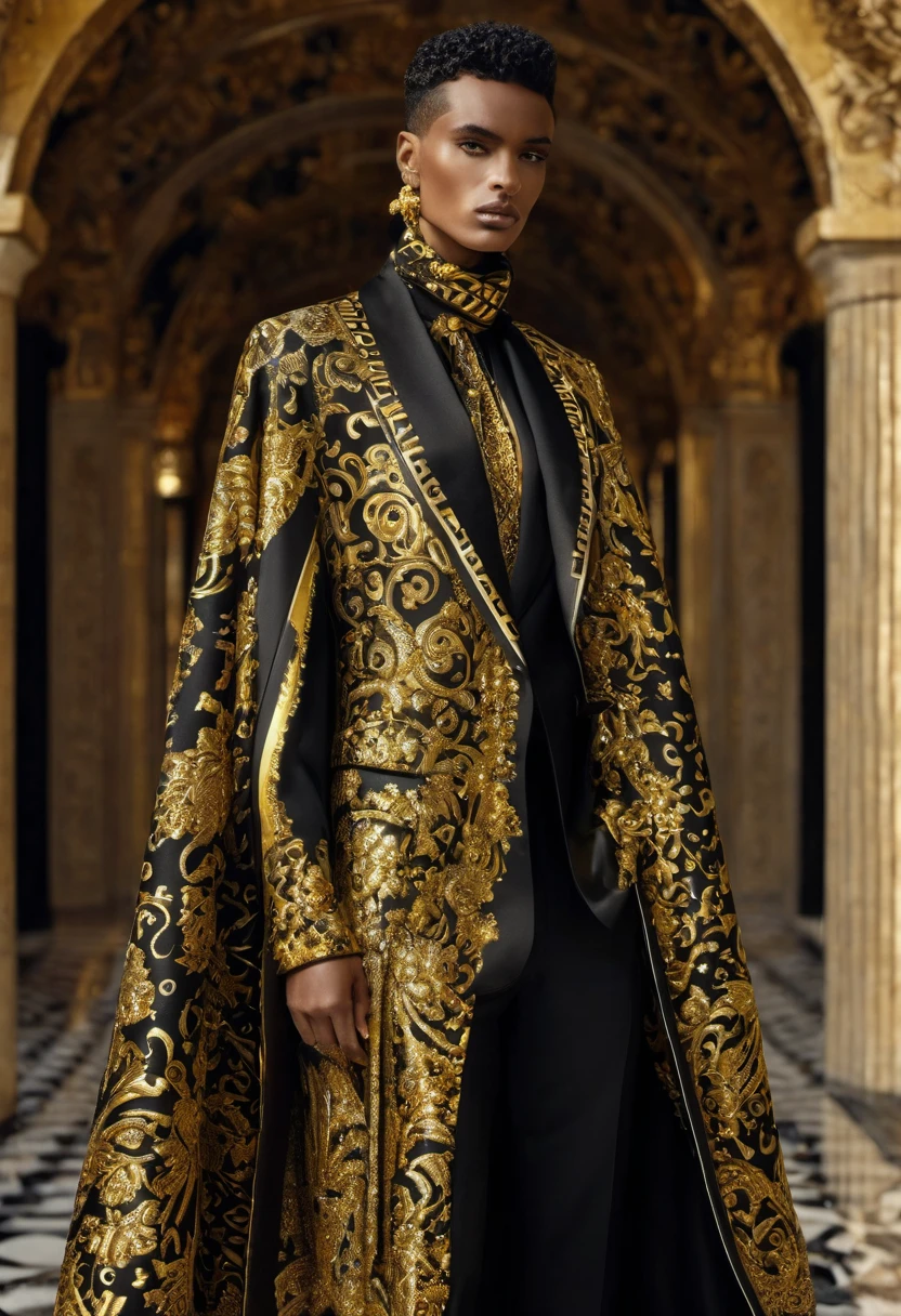 araffe vestido com um terno preto e dourado com um cachecol, Vestindo um luxuoso manto de seda, roupas de seda intrincadas, editorial oficial da versace, demoBaza, terno intricado, Cabo de fotografia altamente detalhado, vestindo um terno ornamentado, roupas complexas, inspirado em Theo Constanté, ensaio fotográfico de moda sofisticada, inspirado em Paul Georges