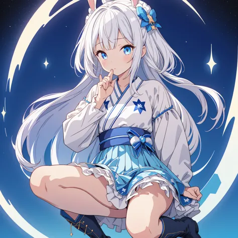 sitting on the crescent moon、a spaceship with a cute rabbit face、star fairy、(((1girl)))、lower body shot、focus on boots、vtuber-ha...