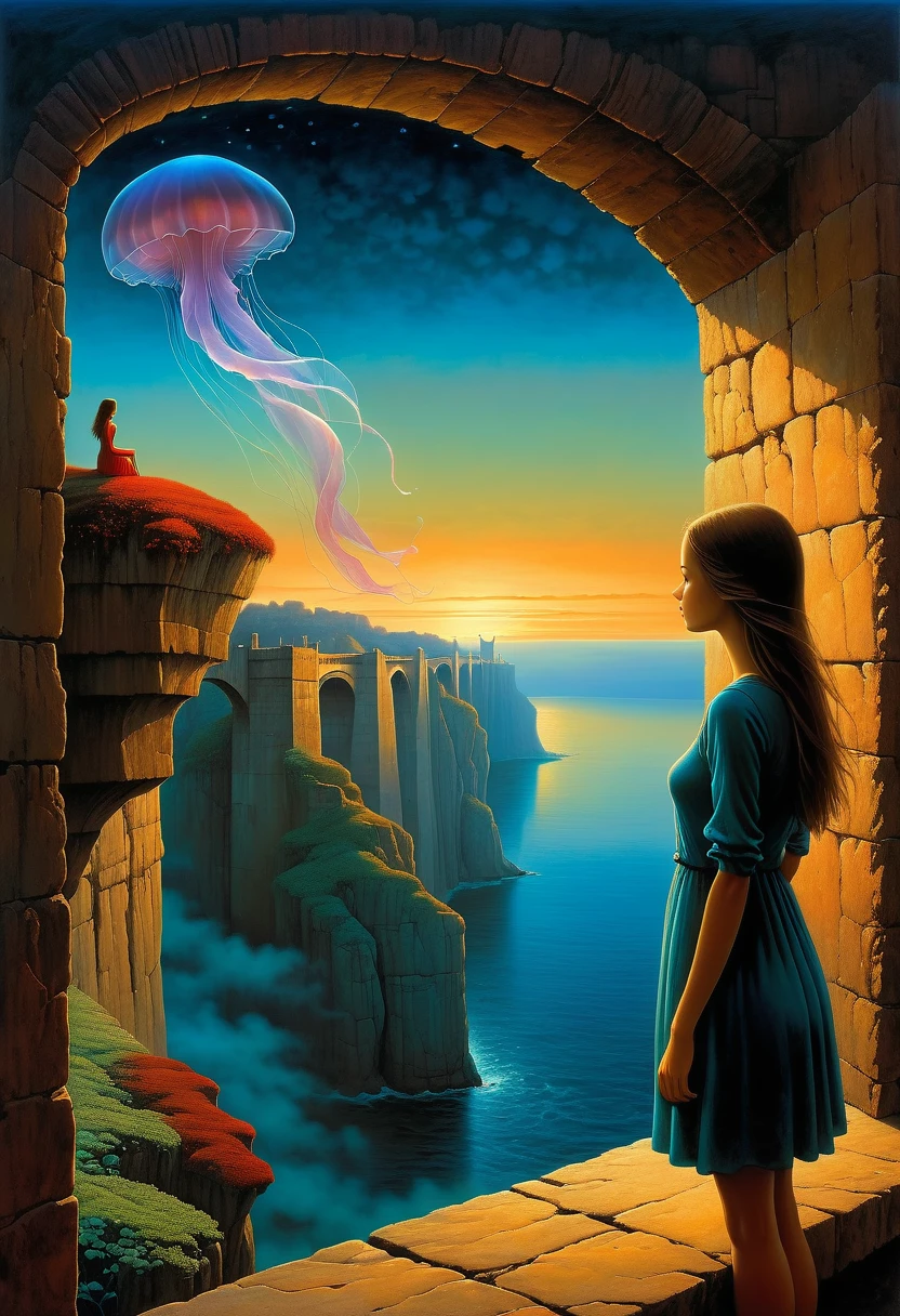 beautiful dark room，There is a big window, The scenery outside the window，Looking out from the window，Girl looking into the distance at the window，The Faceless Stone Woman on the Bridge，Handheld Light，Background with jellyfish, With the sky as a background, Brome&#39;s Art, Magic  artwork, super fine, Fantasy Art Surrealism Beksinski