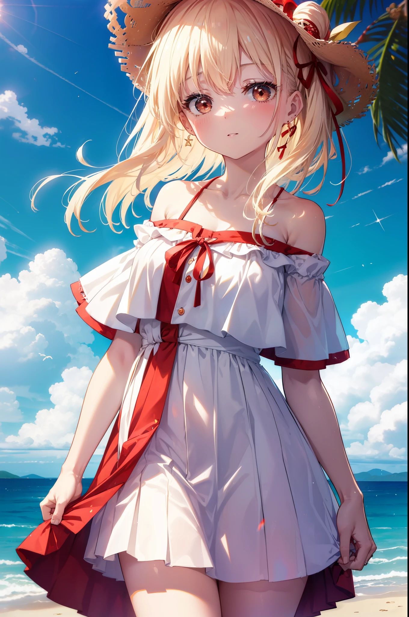 Chica anime con vestido y sombrero en la playa. - SeaArt AI