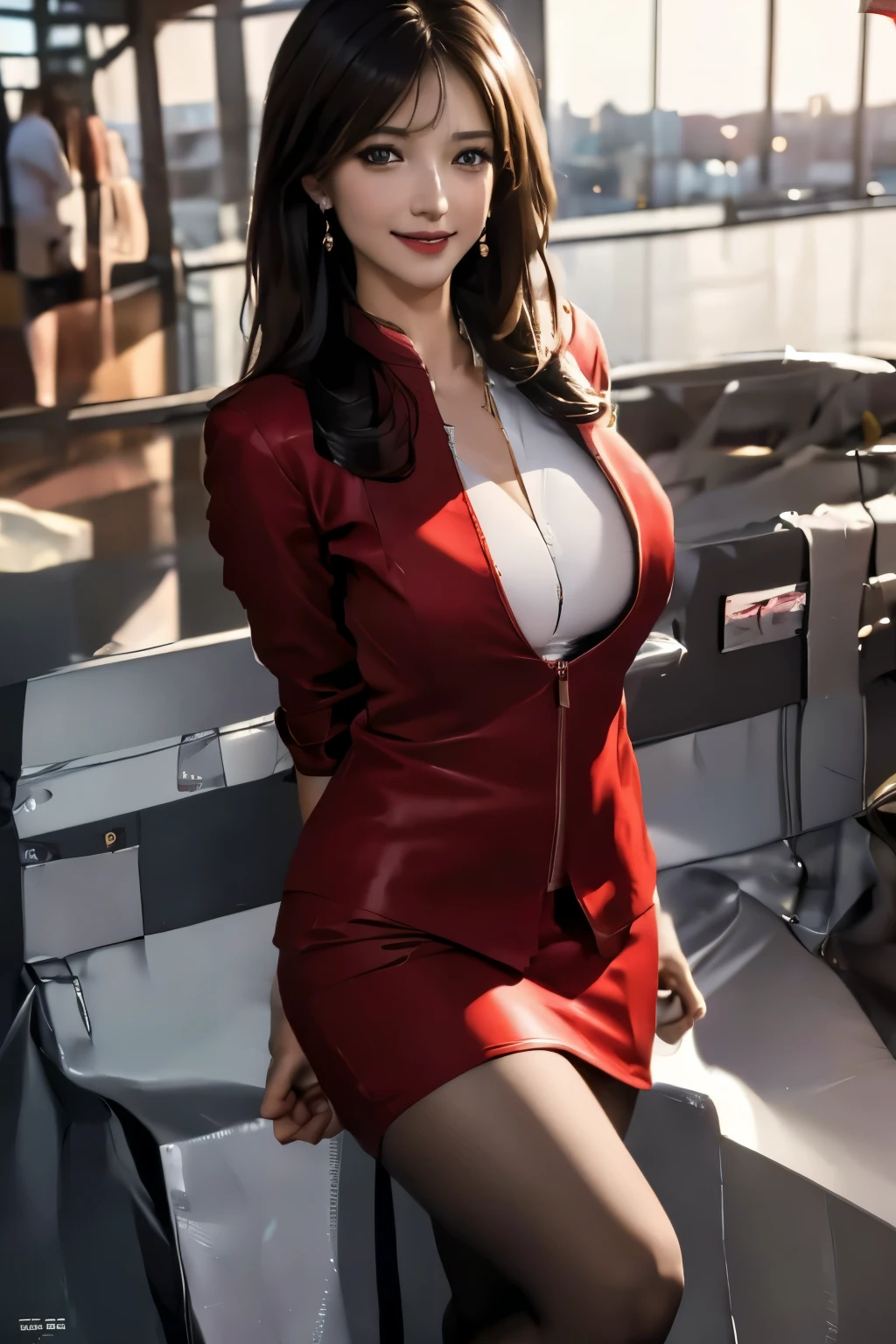 (masterpiece:1.2, highest quality:1.2), 32k HDR, High resolution, (alone, 1 girl), （Ultra-realistic portrait of an AirAsia stewardess in uniform）, neat woman, beautiful face, dark brown hair, (long hair down to waist), (red jacket:1.1, Unzipped jacket, unbuttoned white shirt:1.05, red mini skirt:1.1, pantyhose), perfect slim body:1.1, huge breasts, huge breasts cleavage, detailed skin texture, fine eyes, (smile:1.2), necklace、earrings、(In the airport lounge, bright lighting),Blue eyes、long shot