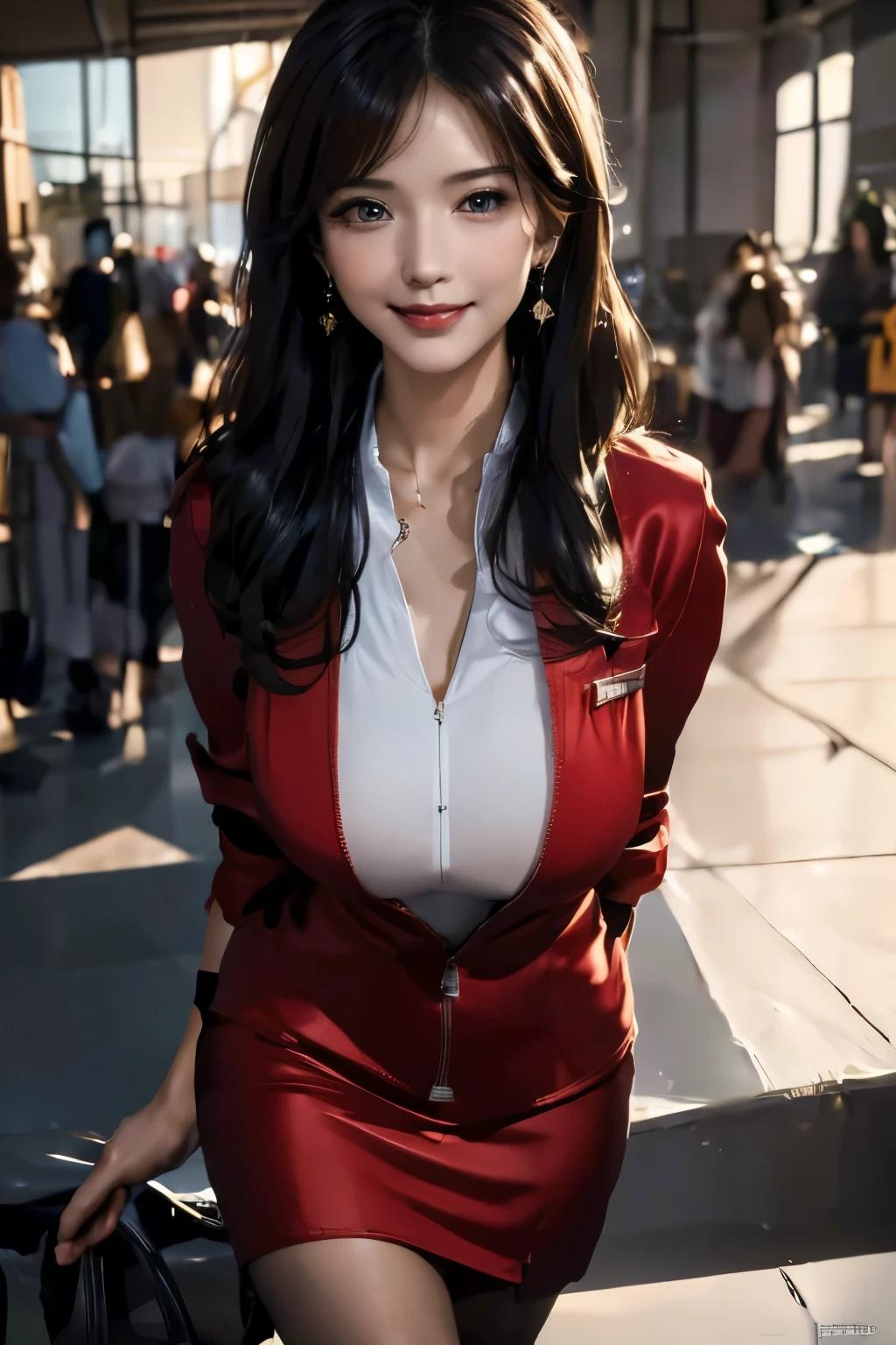 (masterpiece:1.2, highest quality:1.2), 32k HDR, High resolution, (alone, 1 girl), （Ultra-realistic portrait of an AirAsia stewardess in uniform）, neat woman, beautiful face, dark brown hair, (long hair down to waist), (red jacket:1.1, Unzipped jacket, unbuttoned white shirt:1.05, red mini skirt:1.1, pantyhose), perfect slim body:1.1, huge breasts, huge breasts cleavage, detailed skin texture, fine eyes, (smile:1.2), necklace、earrings、(In the airport lounge, bright lighting),blue eyes、long shot