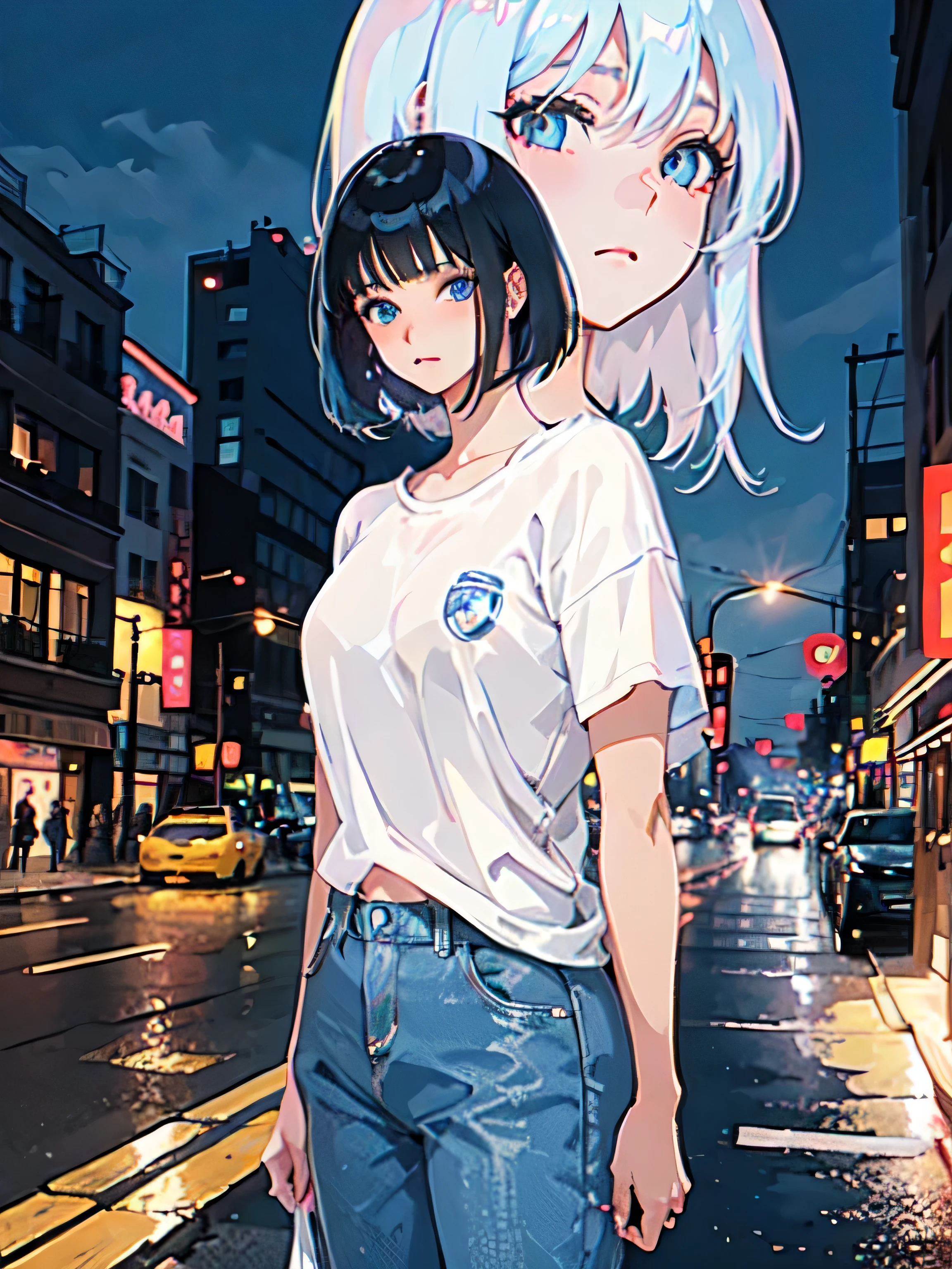 Menina anime, olhos azuis, cabelo curto, Camisa branca do Real Madrid, jeans curtos, Cabelo preto, 2d, anime art, de pé, de frente para o espectador, luzes da cidade, período noturno, fundo de néon, vestindo camisa do Real Madrid, expressões faciais normais, Pontas de cabelo azul, 24 anos de idade, 