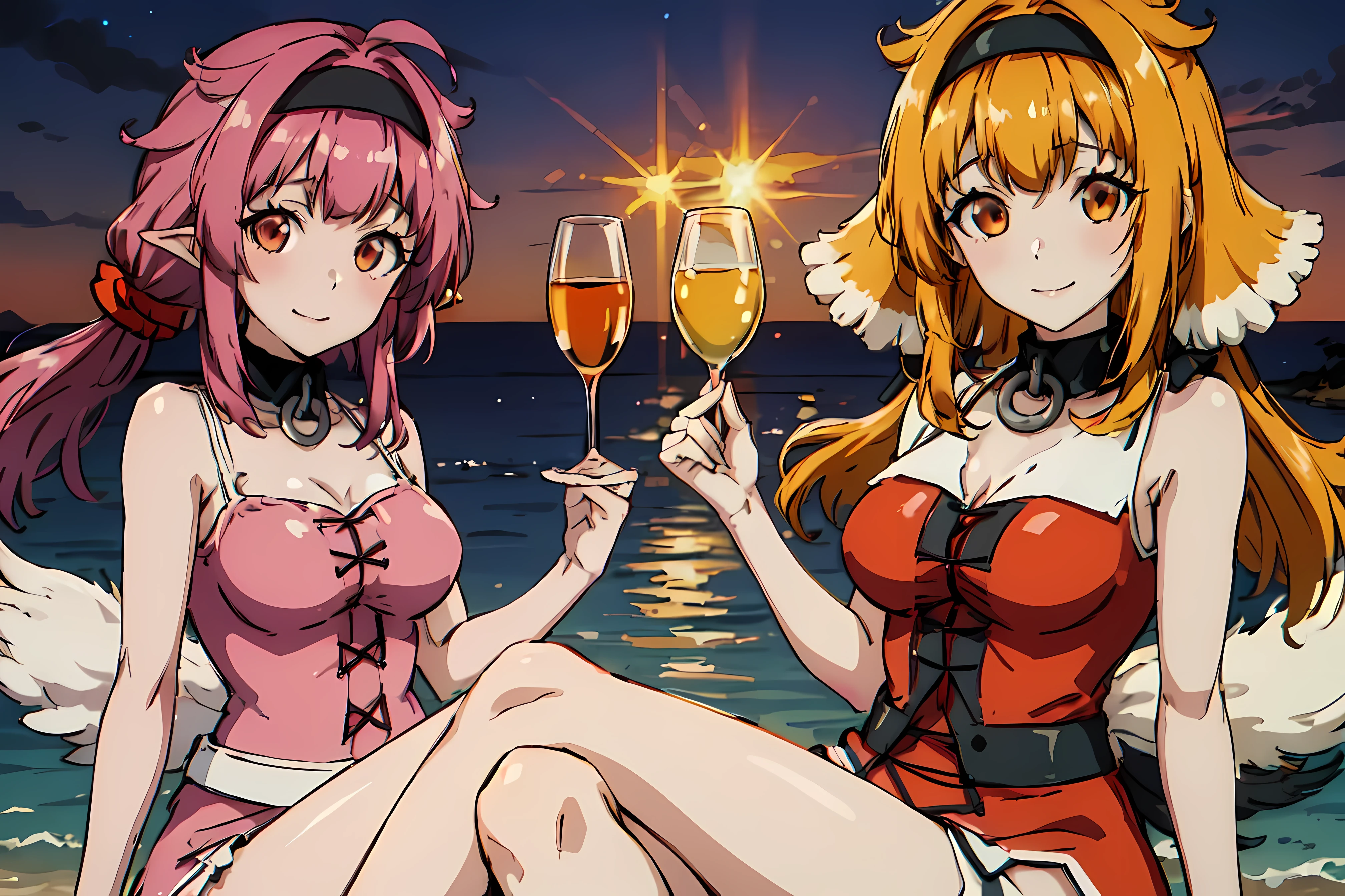 Dos chicas anime sentadas en la playa sosteniendo copas de vino - SeaArt AI