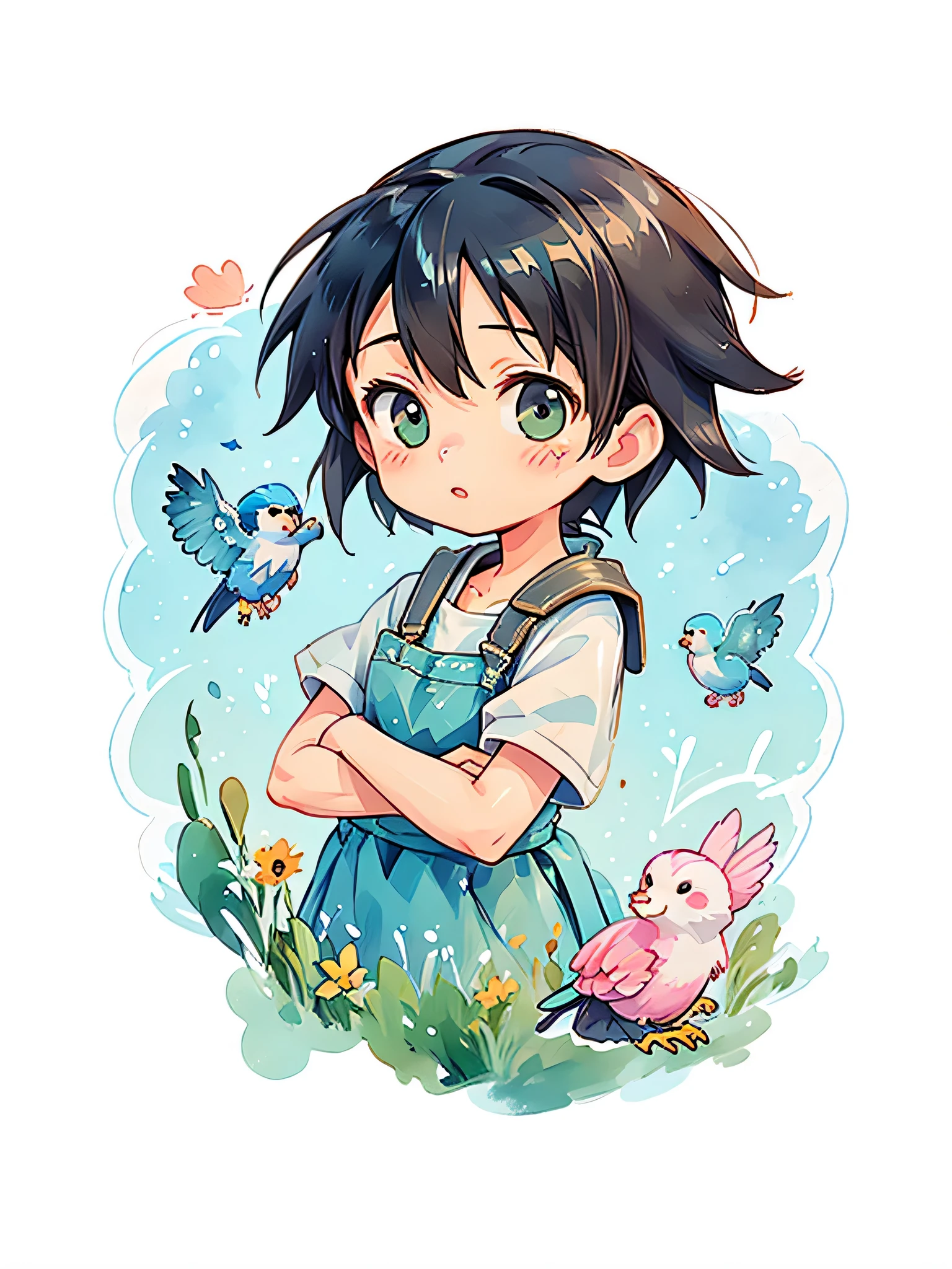 Makoto Shinkai style, Kawaii Design, most beautiful girl ever、Chibi, birdie、High walls