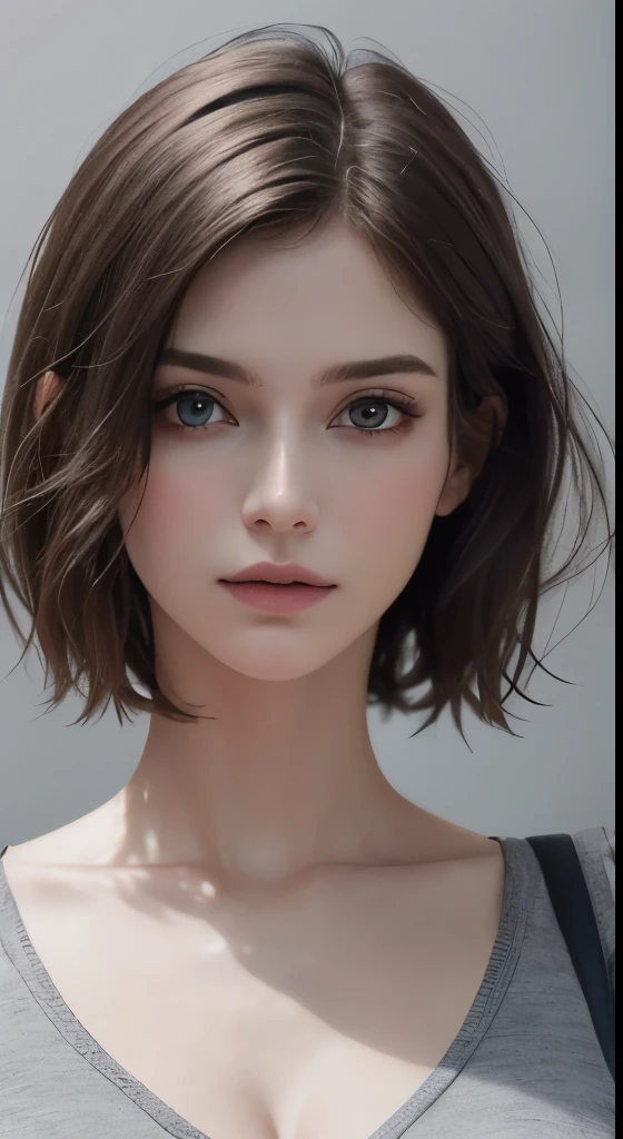 
8k uhd、RAWphotograph、モデルphotograph撮影、Russian Race, European race, (masterpiece, highest quality, photorealistic, High resolution, photograph: 1.3), Close-up, Focusing, hot models, slim, 30 year old mature woman、small face、short cut hair、dark brown hair、Detailed beautiful eyes、realな肌, (perfect body), Sexy hot face, erotic, sexual gaze, slim, Sweat top, Detailed beautiful eyes、glossy lips、small breasts、、bust B cup、((bright light、dynamic lighting、real、超real、 realism、realistic details、Cool Beauty、cool pose、background gray、Plain gray background