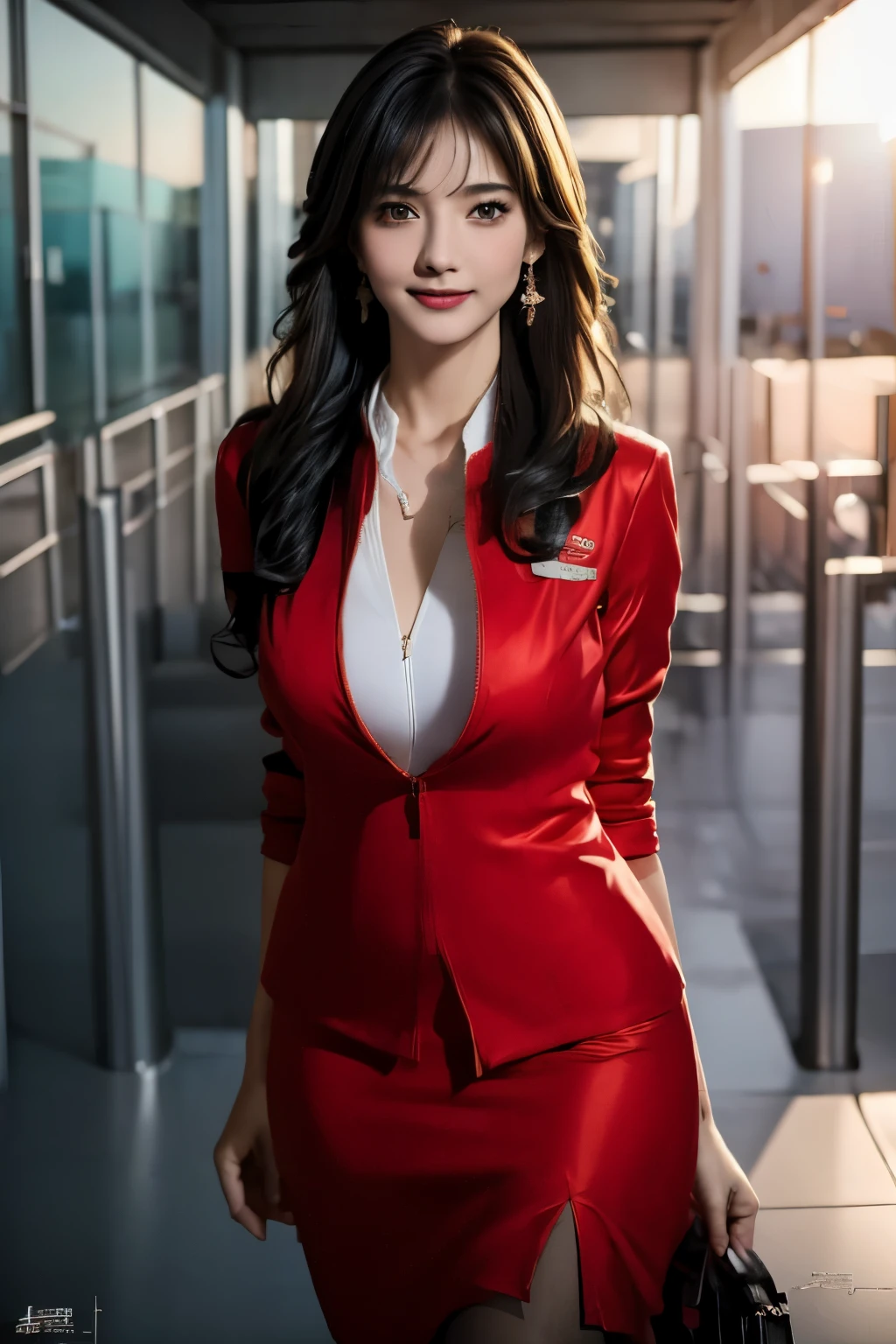 (masterpiece:1.2, highest quality:1.2), 32K HDR, High resolution, (alone, 1 girl), （Ultra-realistic portrait of an AirAsia stewardess in uniform）, neat woman, beautiful face, dark brown hair, (long hair down to waist), (red jacket:1.1, Unzipped jacket, unbuttoned white shirt:1.05, red mini skirt:1.1, pantyhose), perfect slim body:1.1, huge breasts, huge breastsの谷間, show cleavage、detailed skin texture, fine eyes, (smile:1.2), necklace、earrings、(Realistic airport, Kansai International Airport, bright lighting),blue eyes、long shot