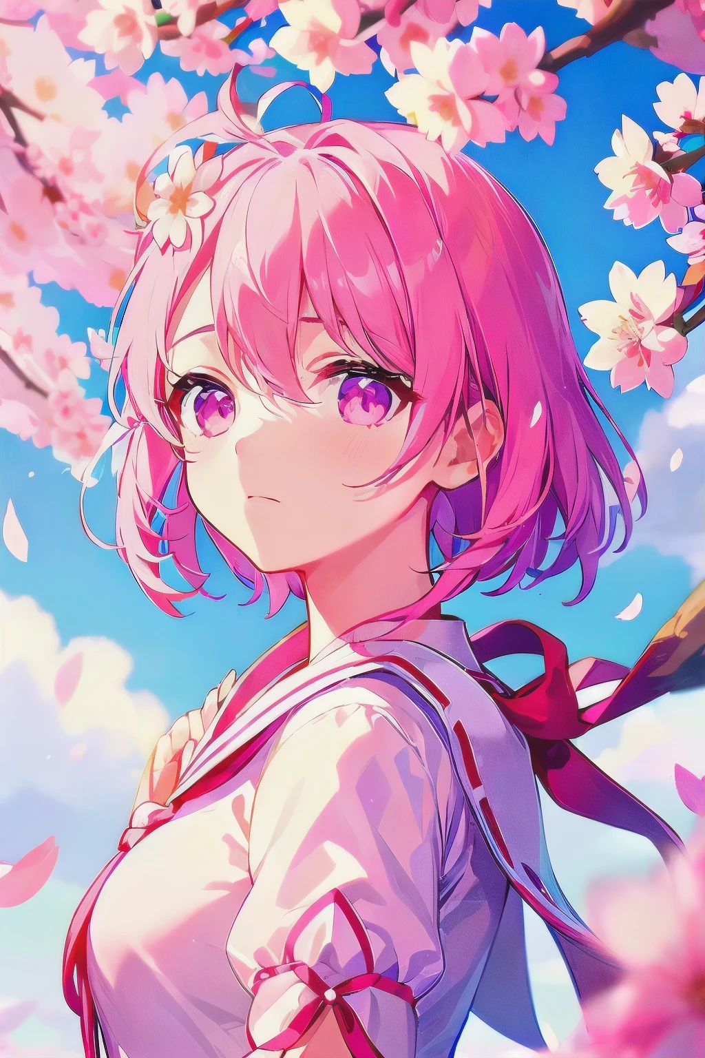 master peace, 1girl, solo, hair between eyes, closed mouth, standing, flower, outdoors, sky, cloud, tree, petals, floating hair, cherry blossoms, pink flower, (sailor suit), (((face focus))), (((looking at another))), (sakura effect:1.4)