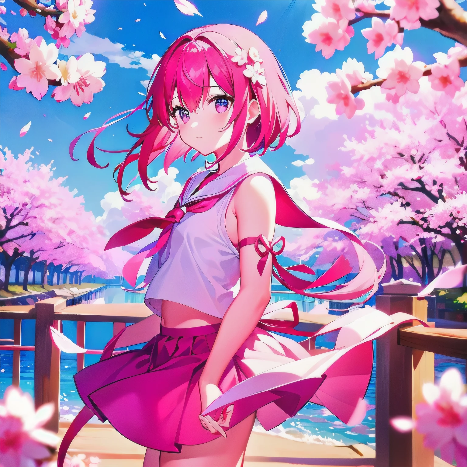 Anime girl with pink hair and pink skirt standing in front of cherry  blossoms - SeaArt AI