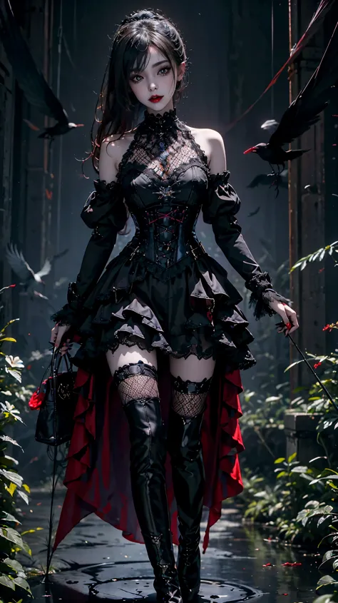Gothic Girl，She stepped out of a traditional red telephone booth wearing a studded PVC corset，There are feathers on the shoulders, knee high boots，(fishing net).