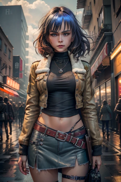 1 girl，Hiccup jacket，Dark storm clouds，Bitter，Rapture，blouse，Super skirt , Black pants，Open jacket，Hair on the back，8K resolution，The content is very detailed，Anatomically correct，Sharp images，Digital board，Concept art，Trends on Pixiv，com.tmasterpiece, Best quality, In Cyberpunk City，Look directly at the photographer