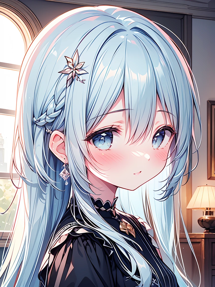 masterpiece, best quality, extremely detailed, (illustration, official art:1.1), 1 girl ,(((( light blue long hair)))), light blue hair, ,10 years old, long hair ((blush)) , cute face, big eyes, masterpiece, best quality,(((((a very delicate and beautiful girl))))),Amazing,beautiful detailed eyes,blunt bangs((((little delicate girl)))),tareme(true beautiful:1.2), sense of depth,dynamic angle,,,, affectionate smile, (true beautiful:1.2),,(tiny 1girl model:1.2),)(flat chest)),,absurdres, High Detail, Ultra Detail, 8K, 
Shy girl (blushing), ((shy)) expression, lake, delicate, beautiful detailed, colourful, finely detailed, detailed lips, intricate details, (50mm Sigma f/1.4 ZEISS lens, F1.4, 1/800s, ISO 100, photograpy:1.1), solo, looking_at_viewer, from_front, earrings, slim, model, romantic atmoshere, (photorealistic:1.3), lens flare, masterpiece,full body