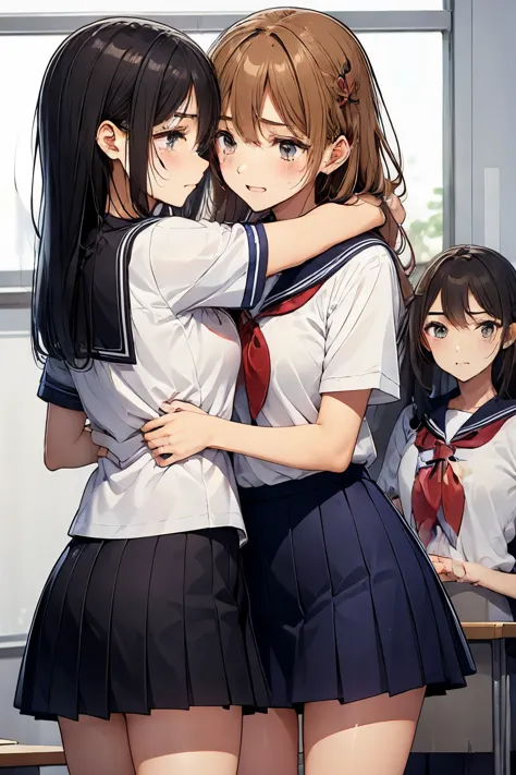 Two high school girls hugging each other while crying、sad expression、tears、school classroom、