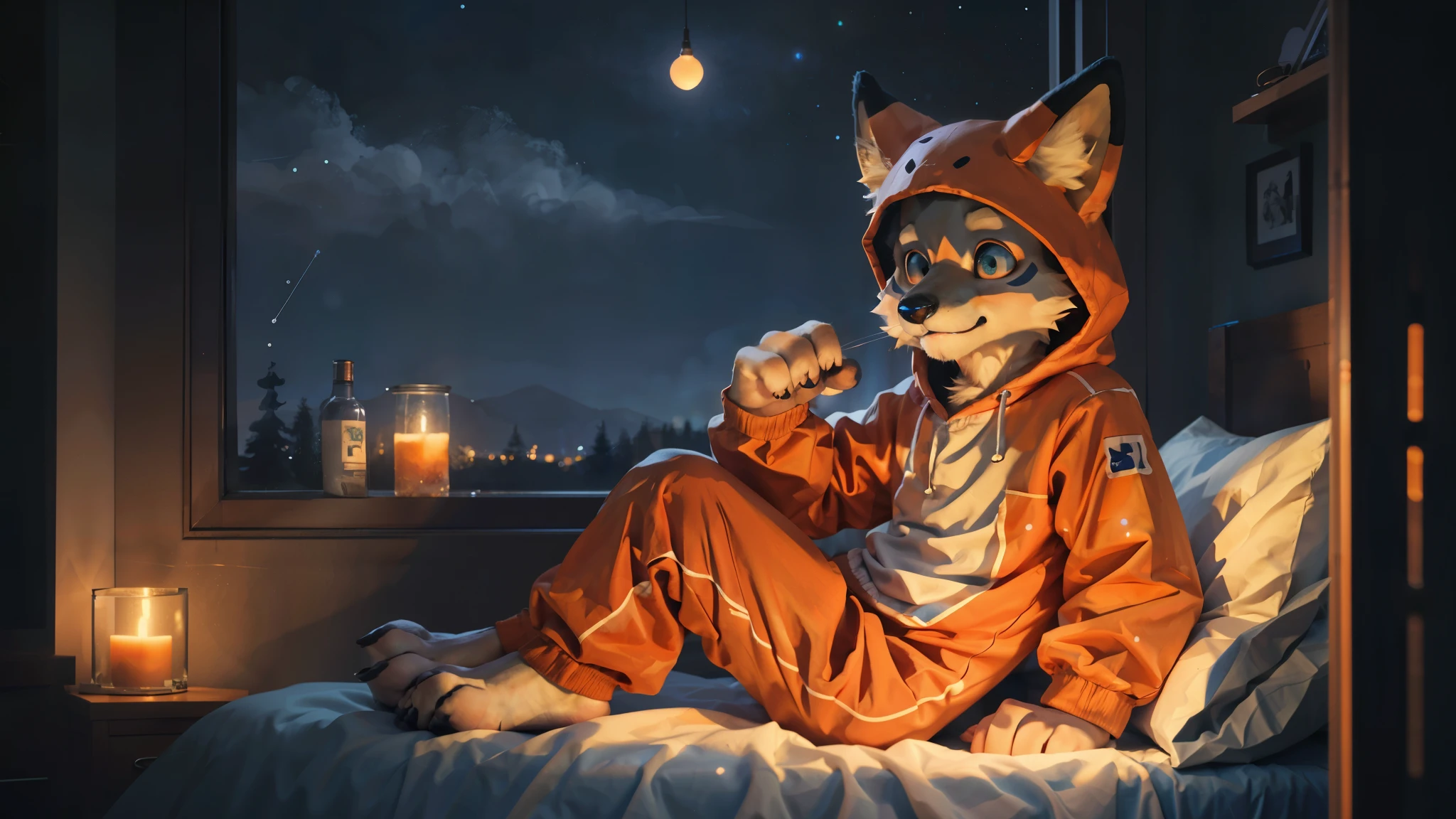 Masterpieces,official art,furry,male,shota,Anthropomorphic orange fox, (Orange fur), (cub),Delicate face,blue eyes,no hair, animals onesie bedroom, cozy room,night, depth of field, perfect lighting, light particles,(best quality),(masterpiece),(ultra detailed),sharp focus,light particles.