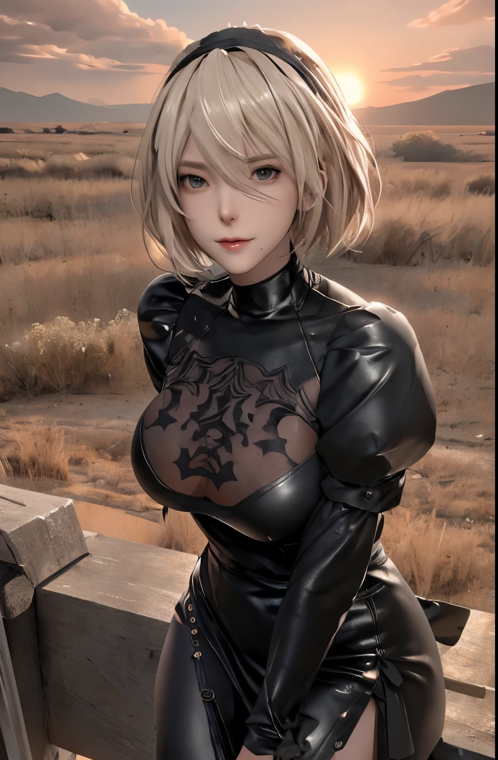 best quality, masterpiece,highly detailed,anime,1girl, adult face, mature face, mature female, mature woman, mature beauty, adult blonde, mature blonde,upper body big breasts, large breasts, perfect face,(black leather clothes),armored black dress,breasts covered by black clothes from above, pink nipples,chain,headwear,flag,standing on abandoned battlefield in background, no one around, depth of field,looking at viewer,cinematic lighting,Full scene shooting， best quality，sunset，Windy，look up to the sky，outdoor scene， white short hair，Natural landscape，rot，big breasts, Sexy long legs，（thigh gap：1.5），（Buttocks，well-muscled and toned hips）
