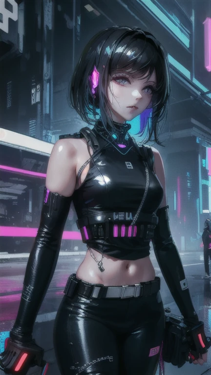 ((Meilleure qualité)), ((travailler avant)), (très détaillé:1.3), .. 3D, Beau (cyberpunk:1.3) , Femme élégante regardant la caméra, pantalon noir, T-shirt noir