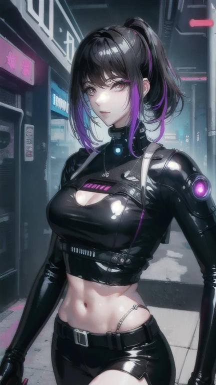 ((Best quality)), ((work-before)), (highly detailed:1.3), .. 3D, beautiful (cyberpunk:1.3) , Stylish woman looking at camera, black pants, black t-shirt