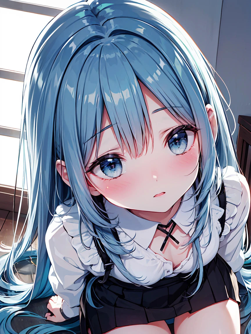 ((masterpiece, best quality, extremely detailed, absurdres)),, masterpiece, best quality, extremely detailed, (((light blue long hair))), long hair cute anime faces,detailed light,parted lips,shiny、beautiful detailed face,,longhair、(((( light blue long hair)))),,10 years old, , 1girl, solo, flat chest, blush, bangs, , super fine illustration, 8k wallpaper, (photo background:1.3), small breasts, 

 (Peta Jensen pov) Facing the camera, Sexy, Seductive, lascivious, excited, Looking Up, Thin face,Lips ajar, slightly open, Very straight, Drainage near the face, Fell on the chest, Very thin chain around the neck with emerald pendant, Gray dress shirt with open belly, Half torn (Grey shirt) Open, full throttle, Unbuttoned, All buttons are unbuttoned, Button pops, No buttons, wet chest, full of sweat, No bra, No bra,  rounded, Wet and soft, full of sweat, harden, Wet, Wet white panties, Just panties, , Woman sitting with legs open, Well detailed and leaning against the wall, Cracked, Cracked, peeled, low illuminance, Soft light coming in through a small window, Put your arms on the sides of your body、Place your hands on the floor, close-up from above, Seen from above, Piercing and sensual gaze, Burning and lustful pleasure,White panties torn and wet, Transparent,  well contrasted image, Perfect Shadow, Soft light, 4K