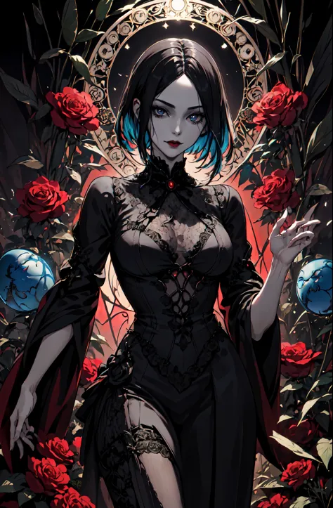 Basic Art Nouveau style, A Vampire woman tarot card with, woman, perfect face, young, (((Oval face))), dark clothes, Soft and melancholy face, exquisite, No wrinkles, gothic style, Perfect for detailed eyes and face, black hair and blue eyes vampire woman,...